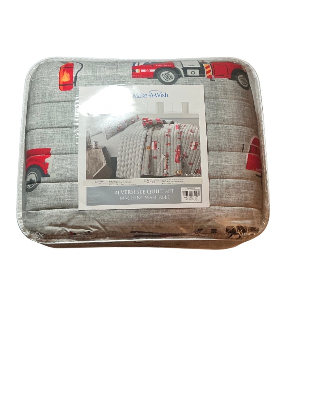 Make-A-Wish Kids Fire Truck Quilt Set Twin Reversible Bedding Red Gray Boys